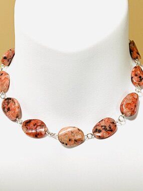 Genuine Black Pink Rhodonite Short Necklace, Natural Gemstone & Silver Tone Link